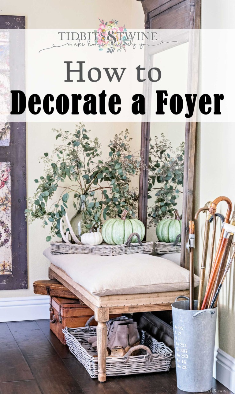 How to Decorate a Foyer. Fall foyer with French bench and mirror