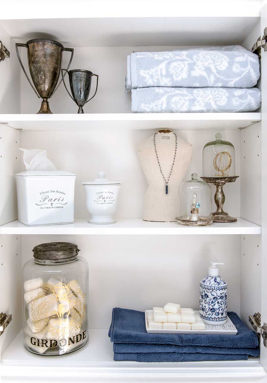 Bathroom vanity cabinet with jewelry cloches