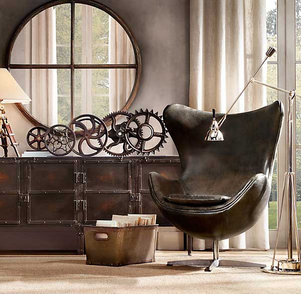 A collection of machinery gears used as a sculptural display. Image: Restoration Hardware