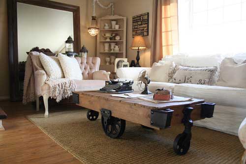 A factory cart used as a coffee table