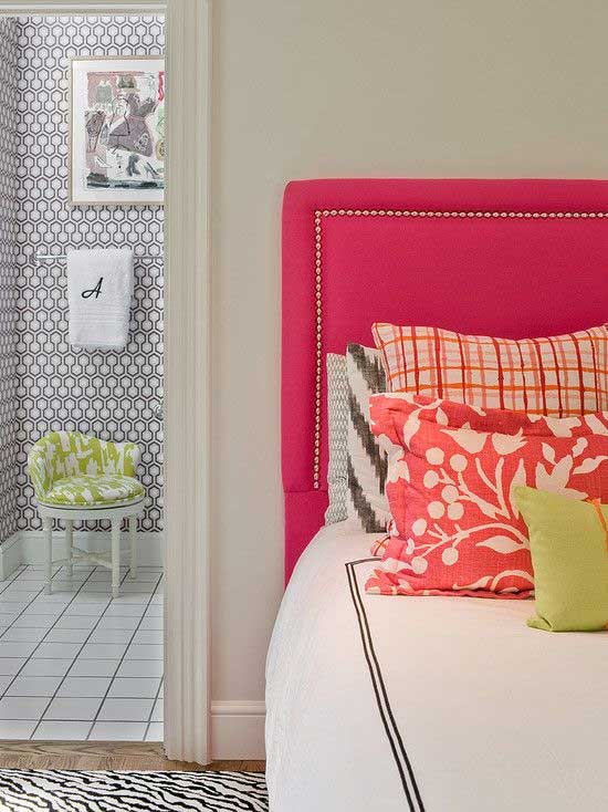 Tidbits&Twine How to Mix Patterns- Pink Headboard with Nailhead Trim