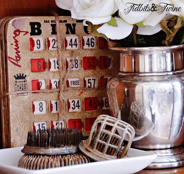 Tidbits&Twine Vintage Flower Frogs and Bingo Card Vignette 1