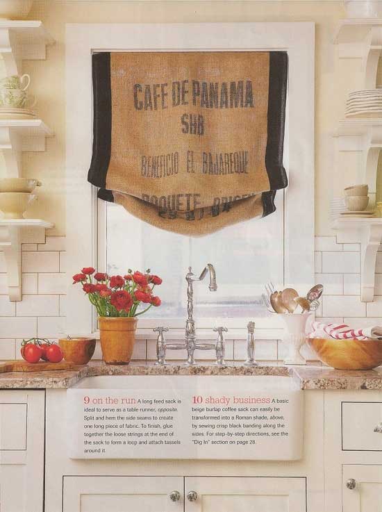 Farmhouse kitchen sink with grain sack window valence shade and open shelving