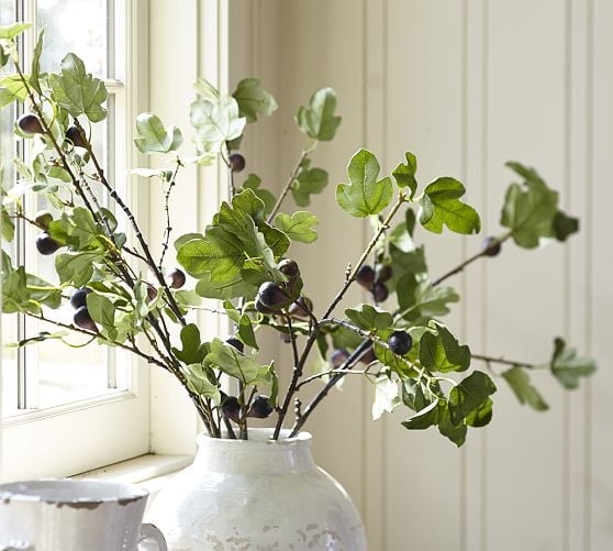 Faux fig branches in a rustic white vase in front of a window