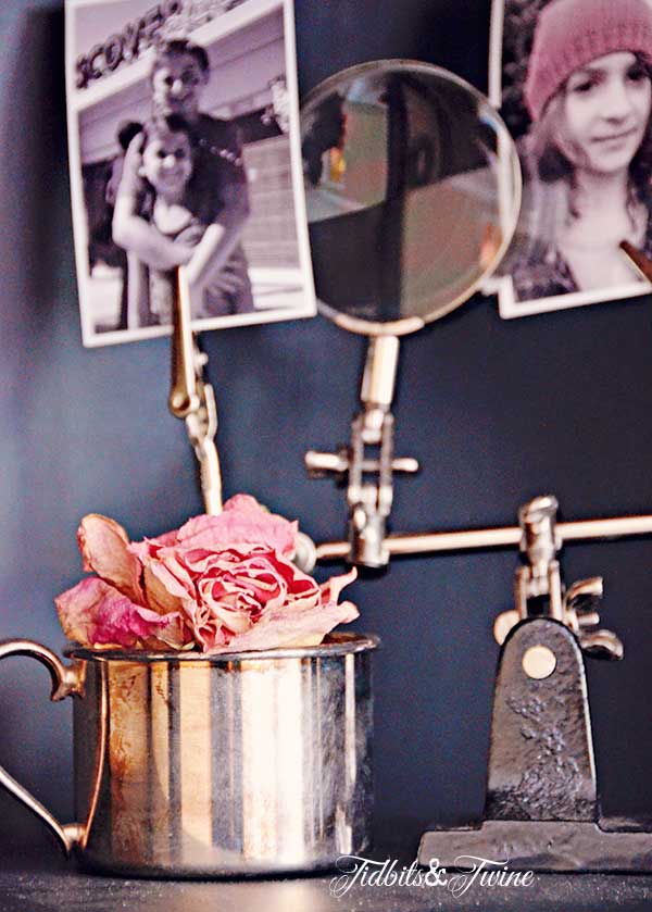 closeup of industrial photo holder with black and white photos and dried pink rose in silver cup at base