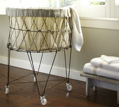 Ticking fabric laundry basket