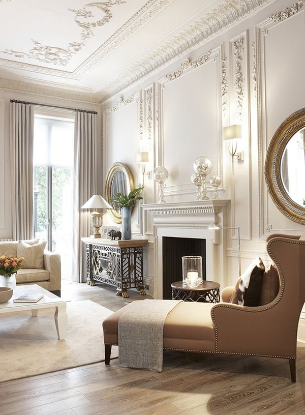 French style living room with lots of molding on the walls and ceiling wood floors and neutral furniture