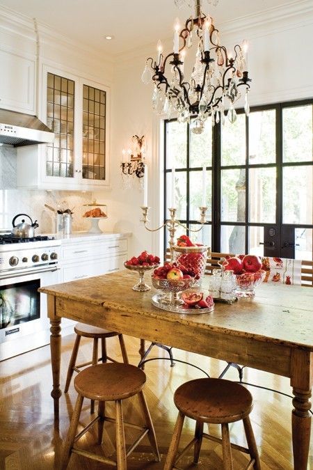 {New appliances and cabinets are balanced by a weathered table and stools in this cozy kitchen. Image via Pinterest.}