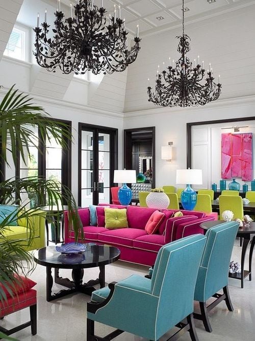 Bold living room with colorful furniture and black trim