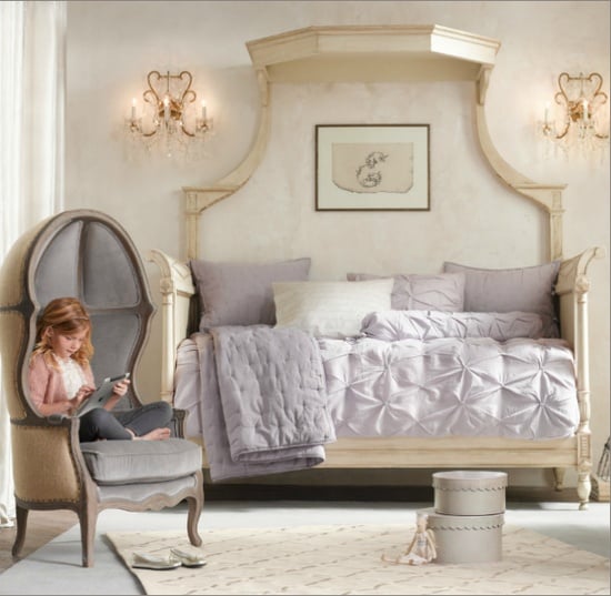 Toddler's room with French balloon Versailles chair add canopy bed purple bedding