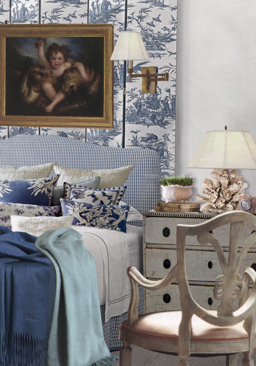 Bedroom with blue check upholstered headboard and blue wallpaper behind and gustavian nightstand