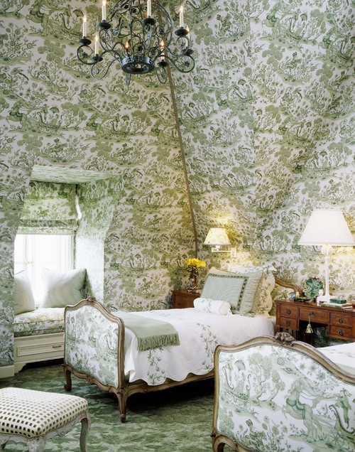 green and white toile wallpaper bedroom with toile upholstered french beds with white coverlet