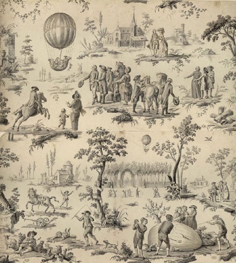 {le ballon de gonesse. This image was created shortly after the successful ascent of the first manned hot air balloon in 1793.}