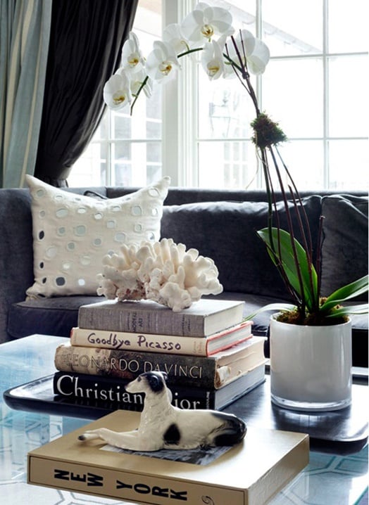 Coffee table with a stack of books with seashell on top and an orchid