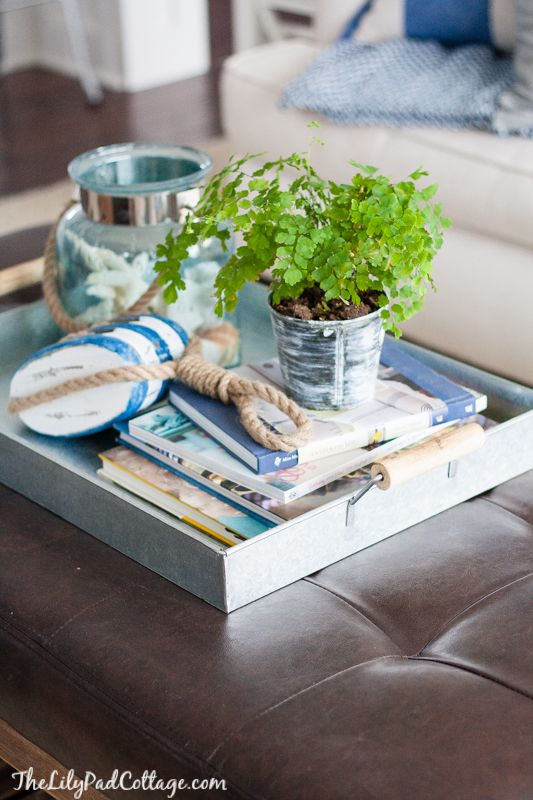 Leather tufted ottoman with metal tray holding beach themed items and green plant