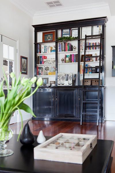 black bookshelf with cabinets and shelves and black library ladder