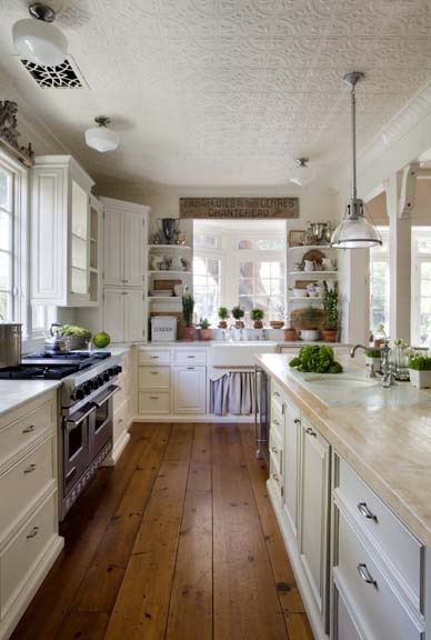 {Brooke Giannetti's kitchen ceiling has so much character with its tin tiles.}