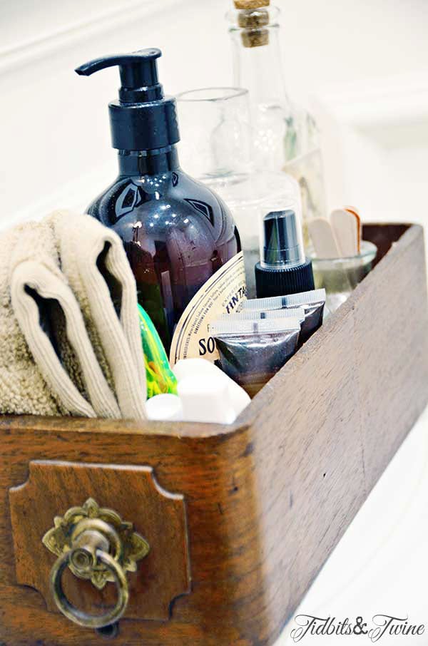 vintage sewing drawer holding bathroom essentials for guests