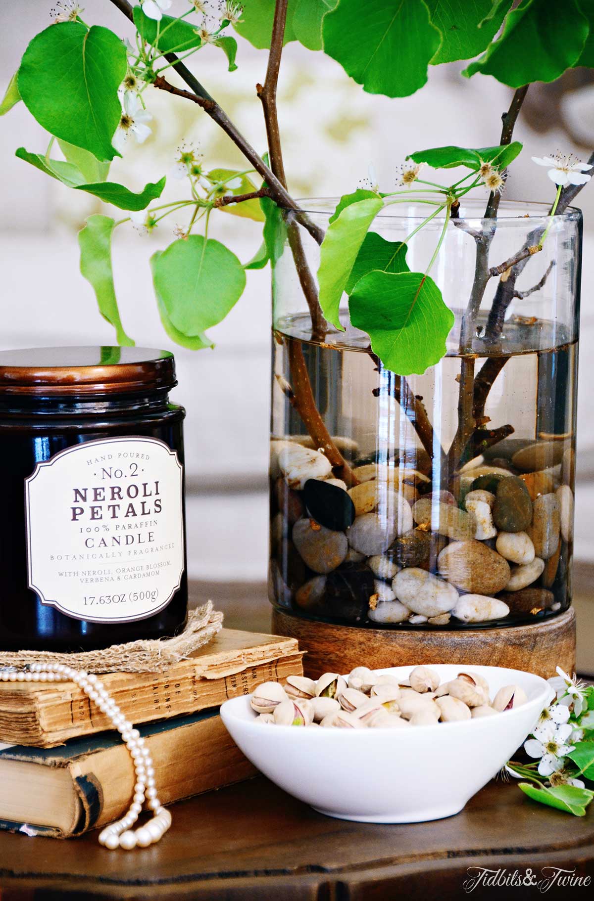 Coffee table vignette with books and branches