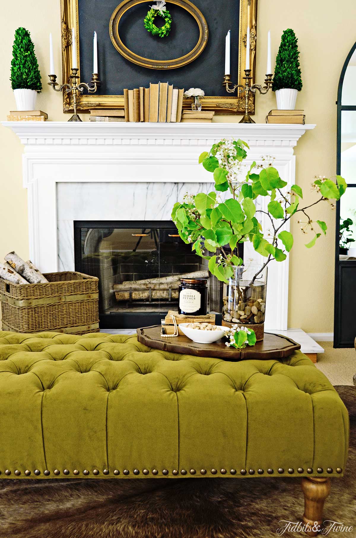 TIDBITS&TWINE: My Living-Room Tufted Ottoman and Mantel