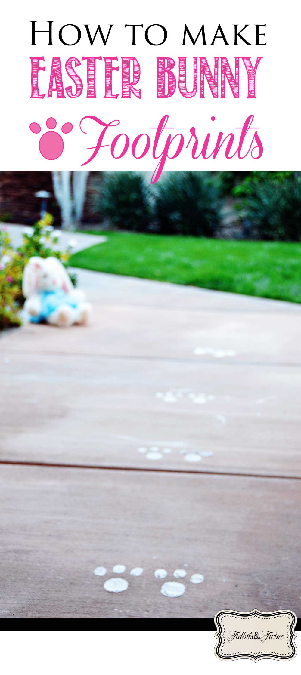 Outdoor image showing magcial easter bunny fooprints on the patio