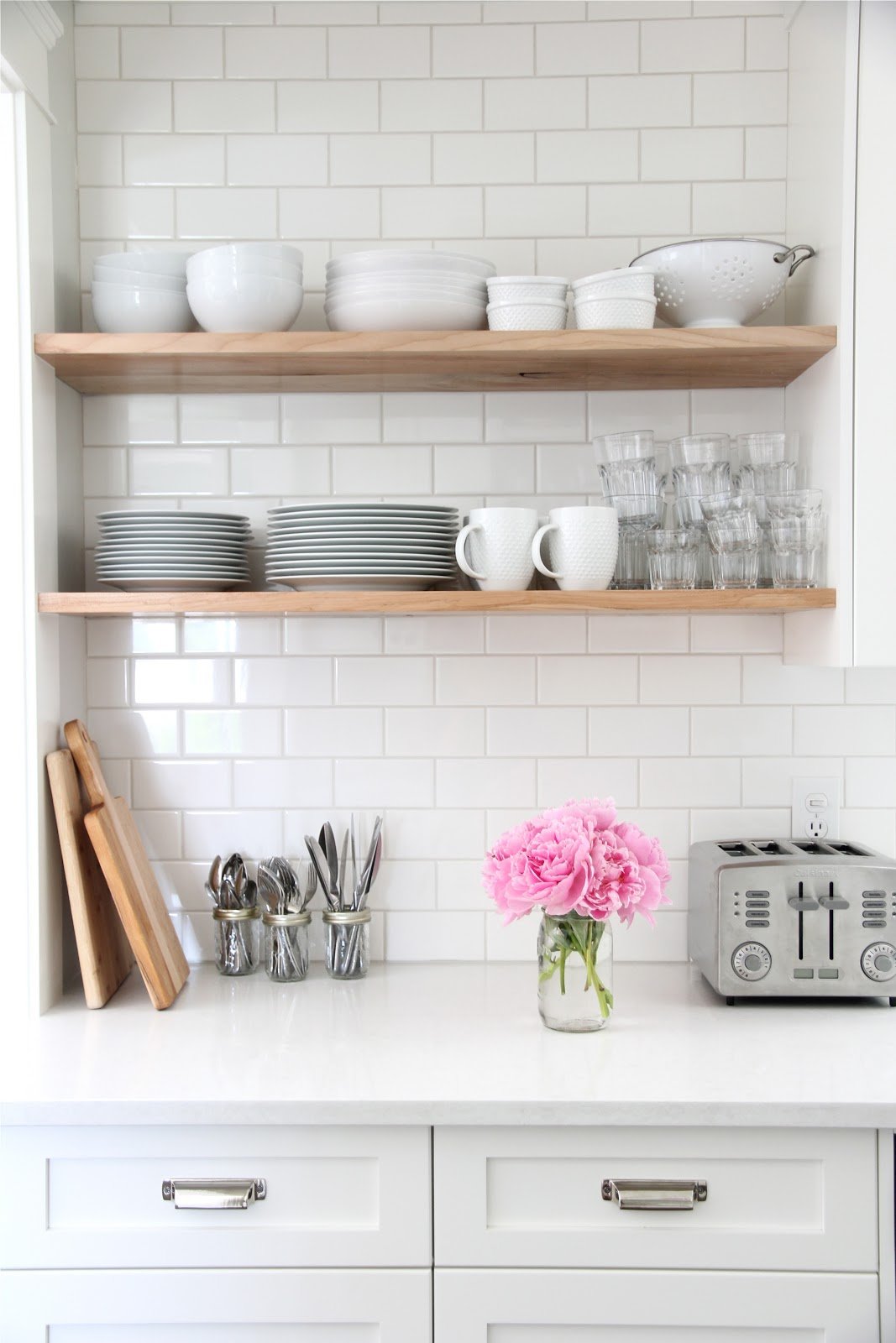 White Kitchen with open shelves via Doug Elissa