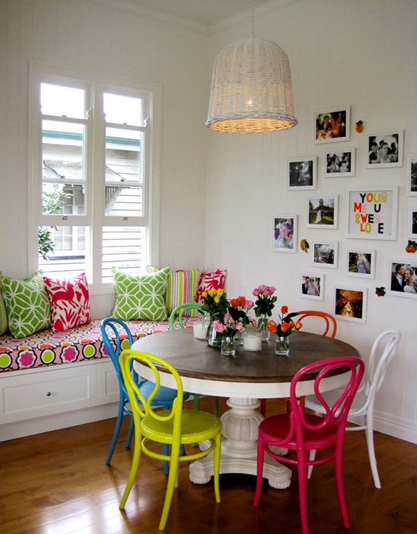 bentwood restaurant chairs in different colors around a traditional round kitchen table