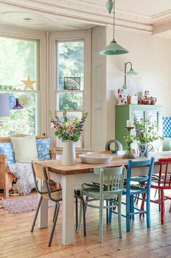 Colorful Mix and Match Dining Chairs in a shabby chic dining room