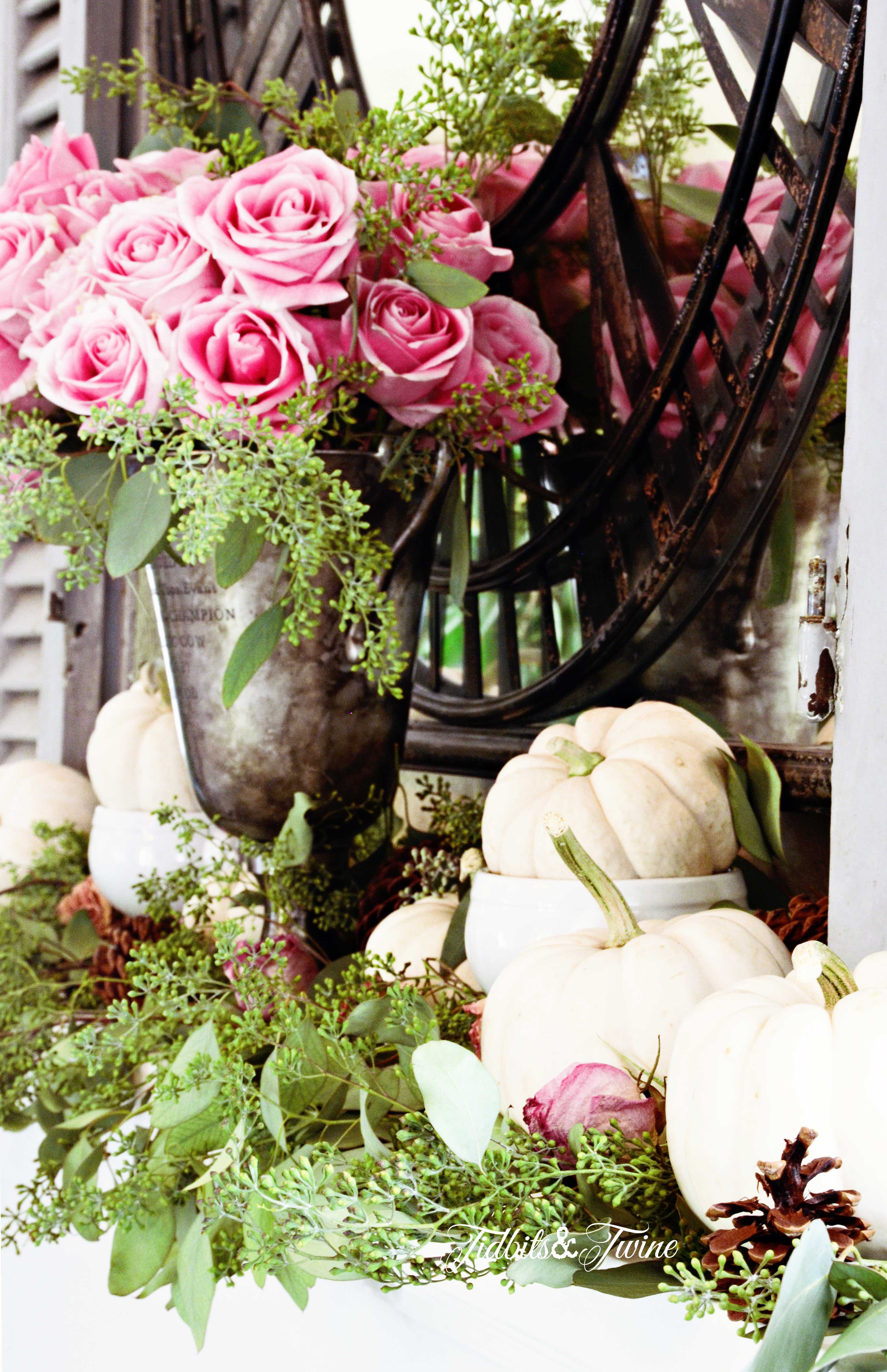 Pink and white nontraditional fall color mantel