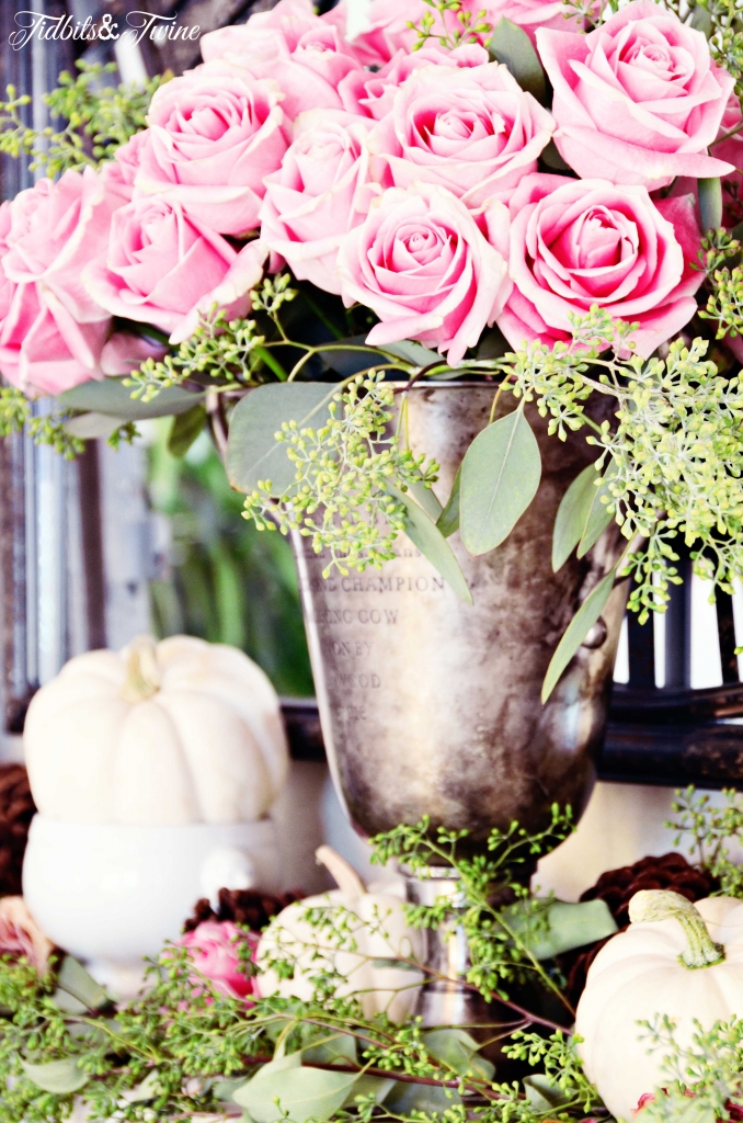 TIDBITS&TWINE--Pink-Roses-and-White-Pumpkin-Mantel