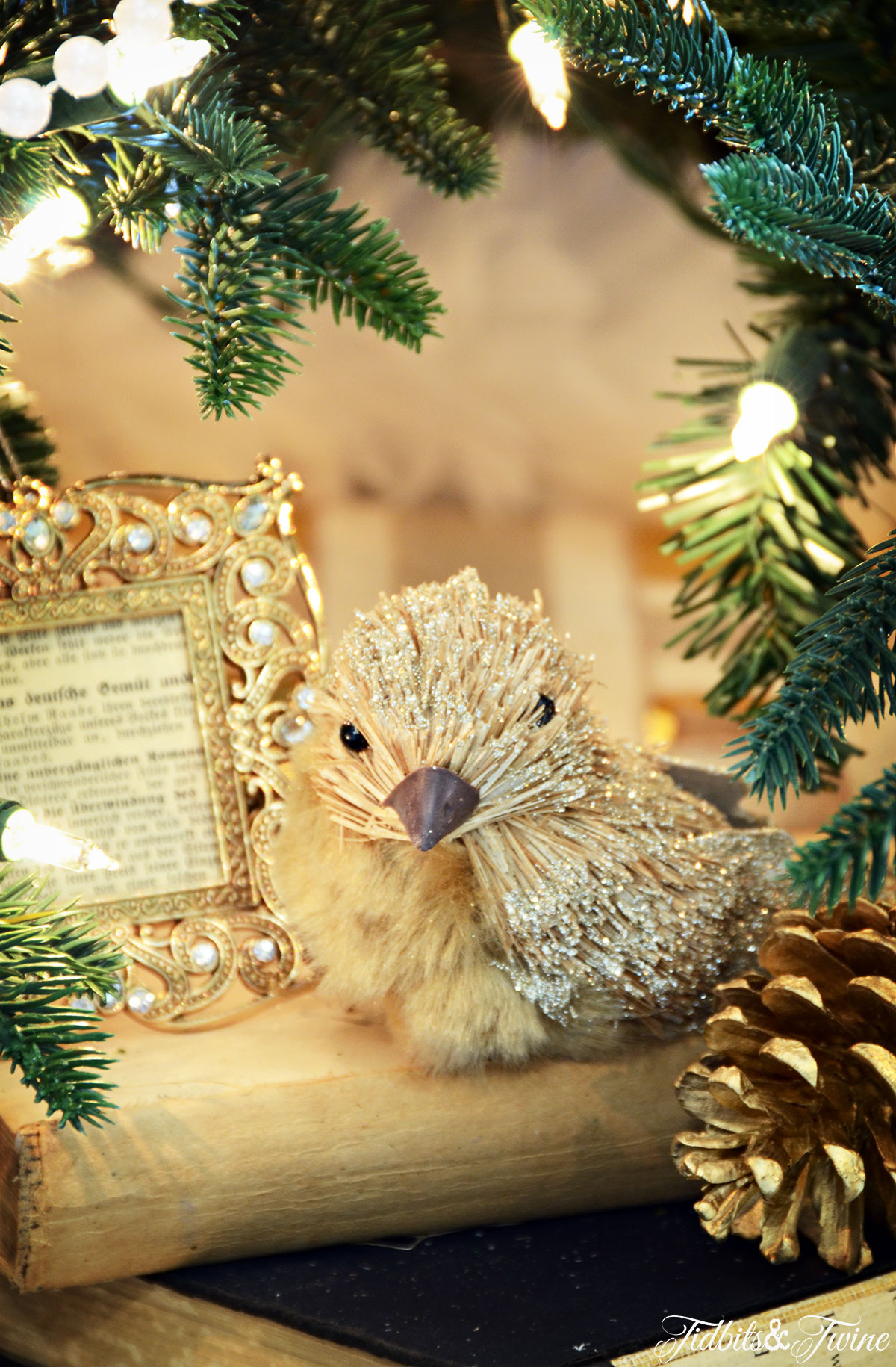 TIDBITS&TWINE Christmas Tree with Gold Christmas Bird and Vintage Books 