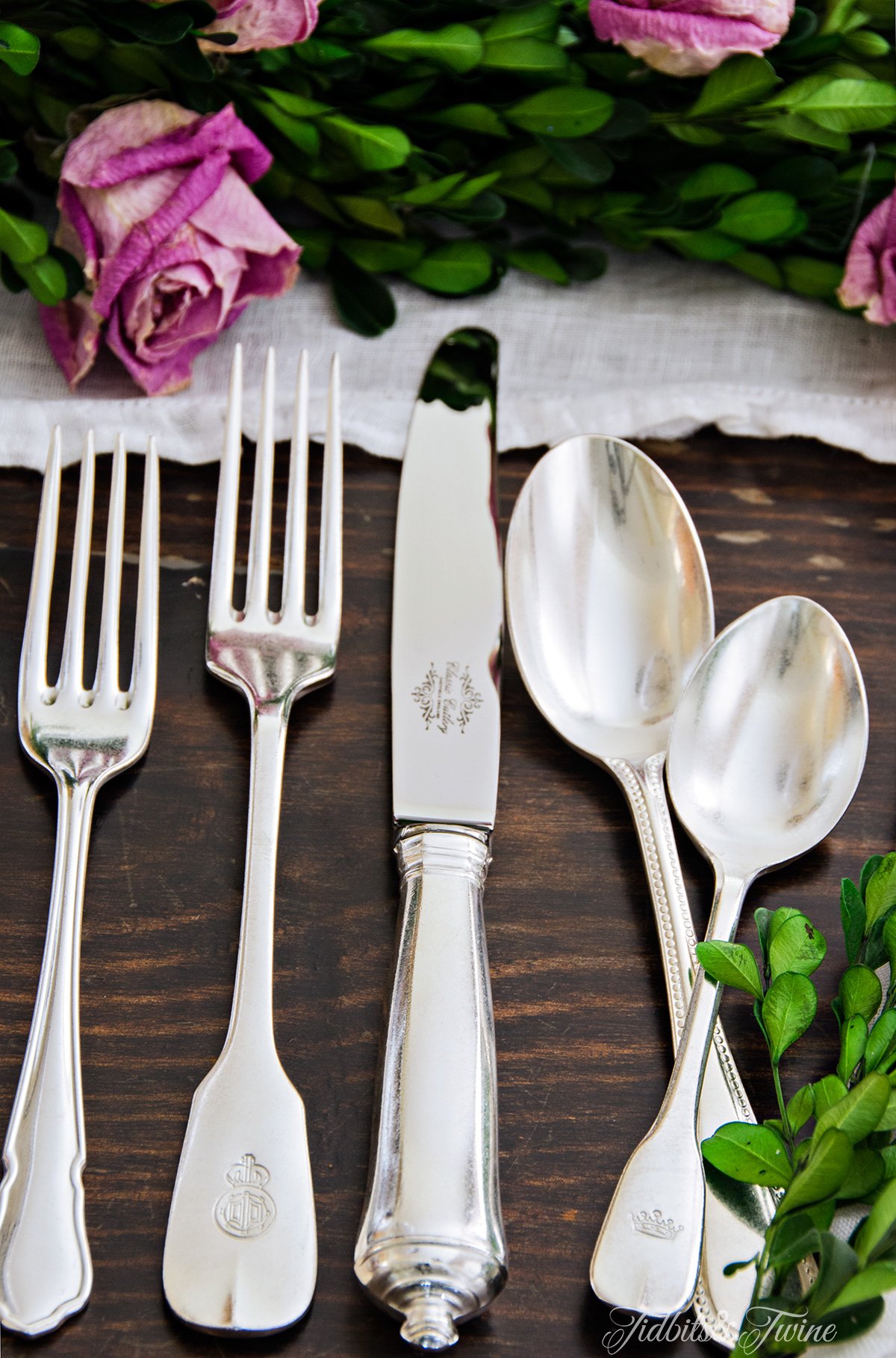 TIDBITS & TWINE Vintage Flatware, Roses & Boxwood