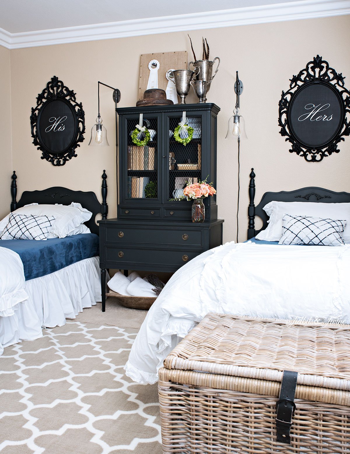 Tidbits&Twine Black and White French Bedroom with Baskets