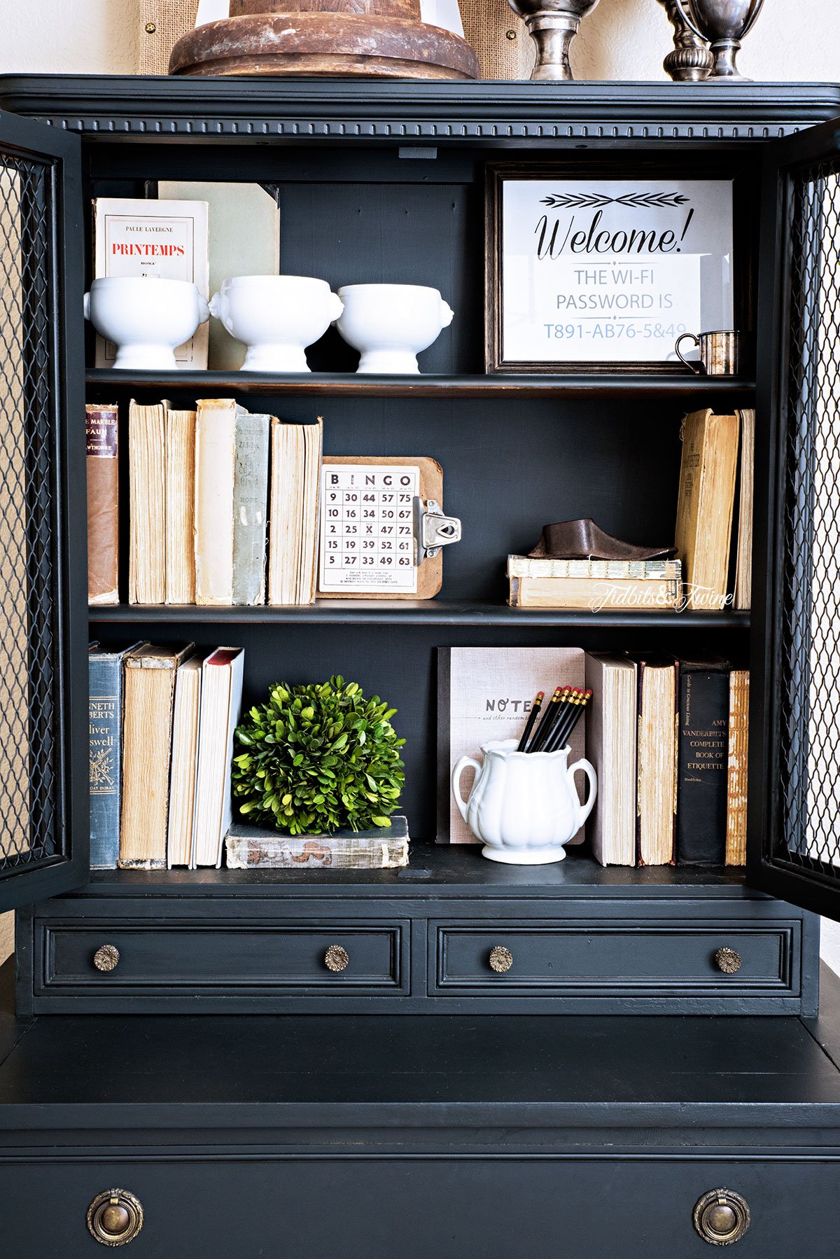 Tidbits&Twine Styling a Bookcase with Vintage Decor