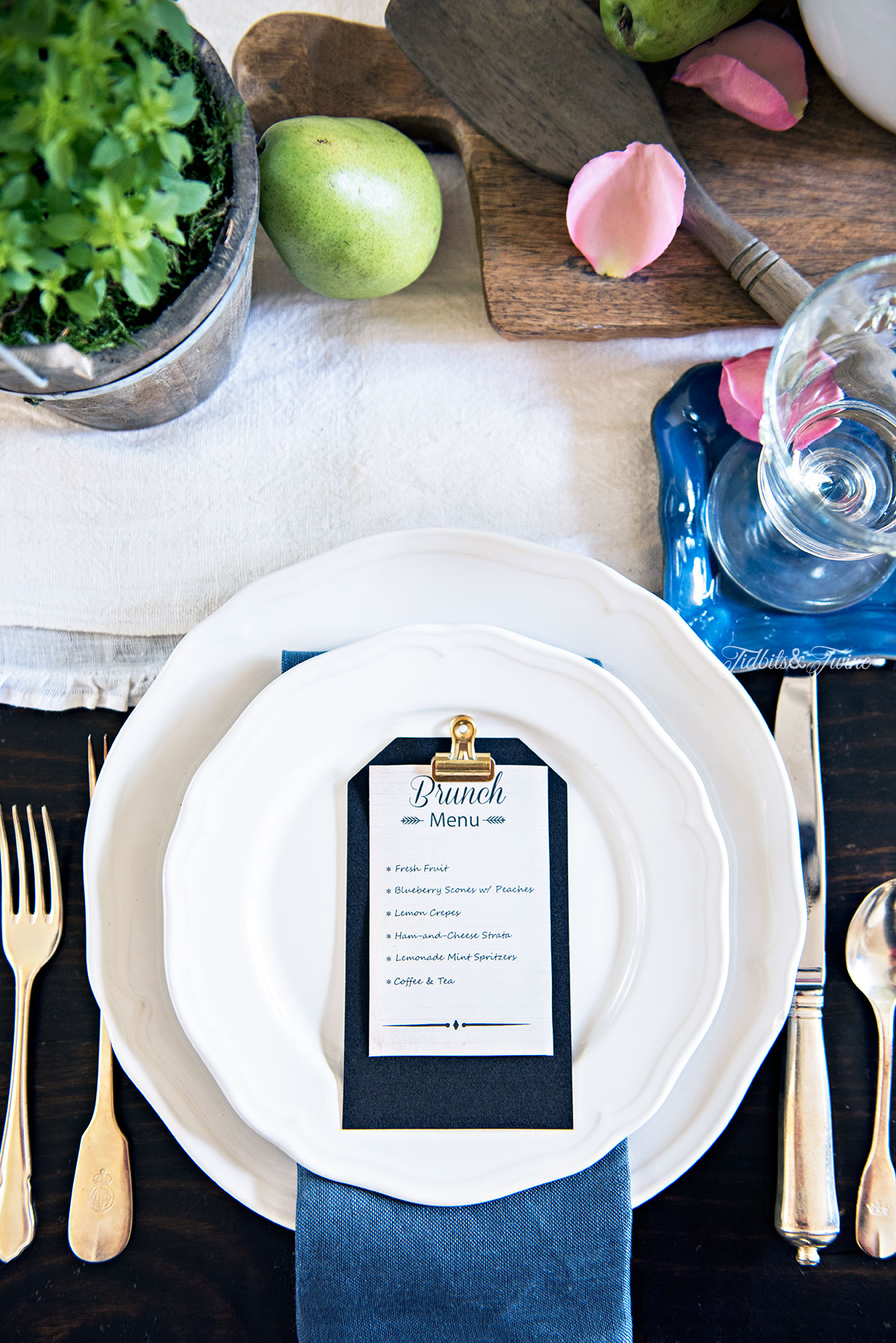 TIDBITS&TWINE Spring Place Setting Blue and White with a Mini Menu