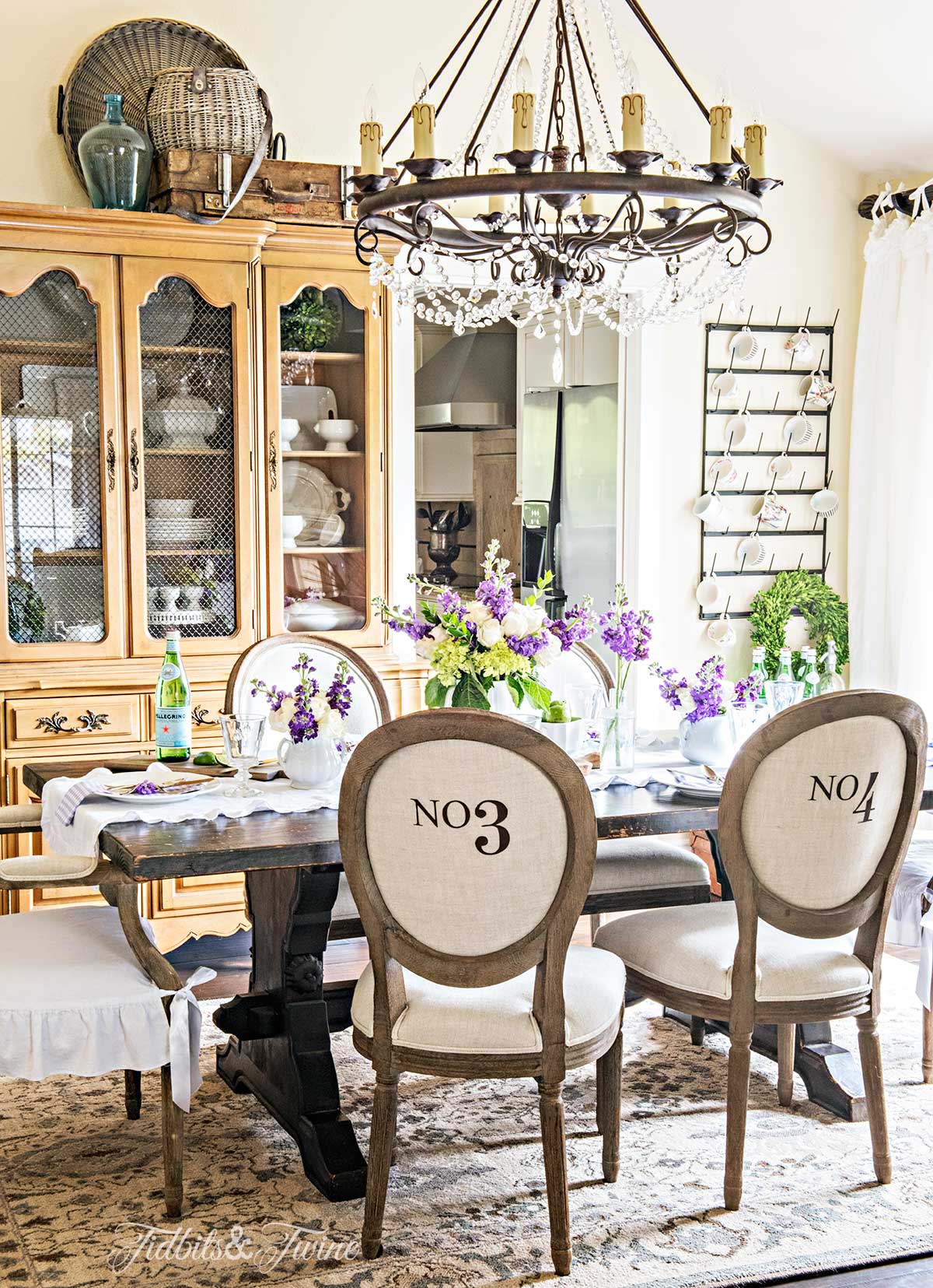 Tidbits&Twine French Dining Room Spring Decor with numbered RH chairs ironstone and crystal