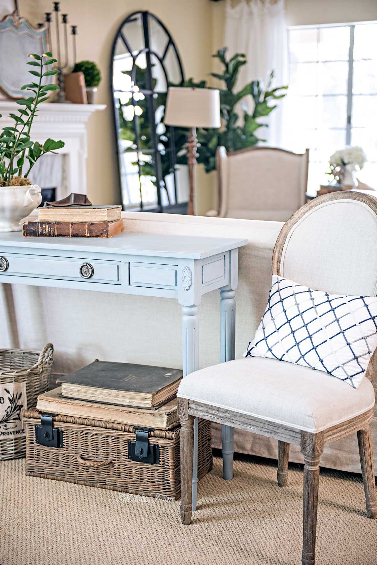 A French living room with a blue console table behind a sofa with a book and plant vignette