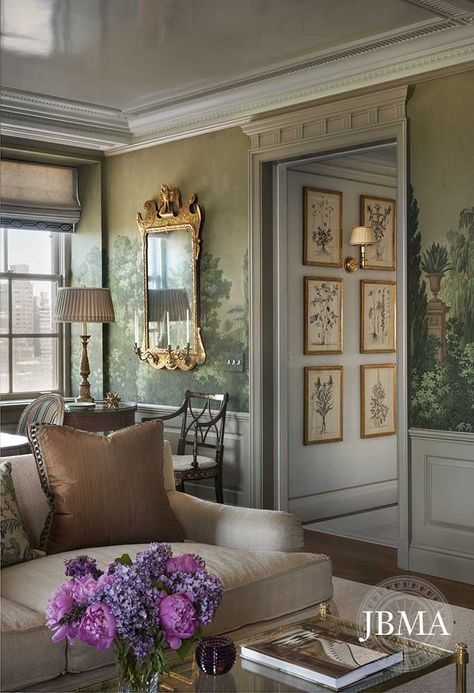 French wall mural depicting a green garden on living room walls