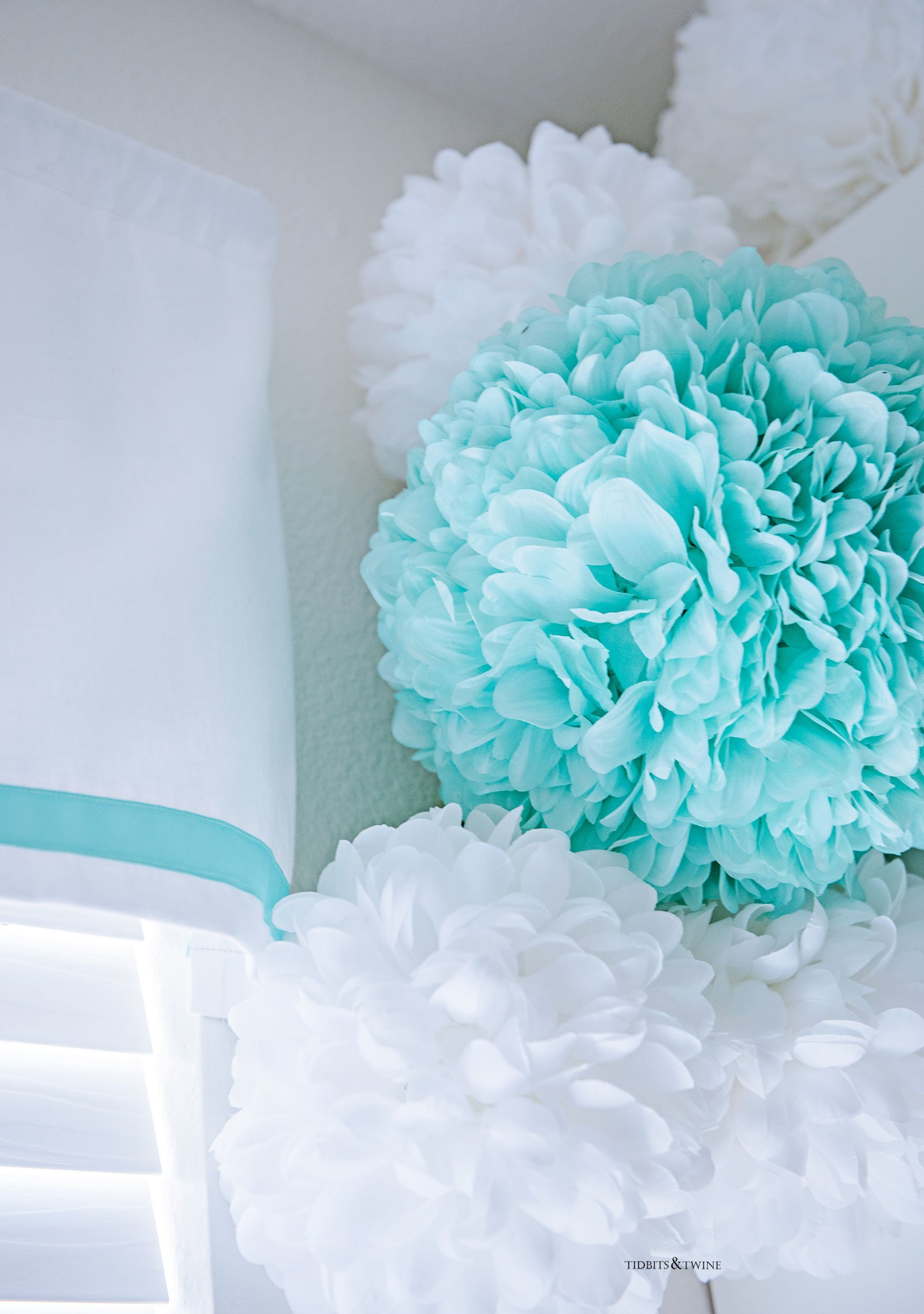 Teen Girl Bedroom with Turquoise and White Pom Poms and Ribbon Valance