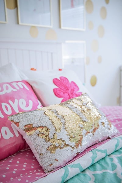 Pink and White Sequin Pillow in Tween Girl Bedroom
