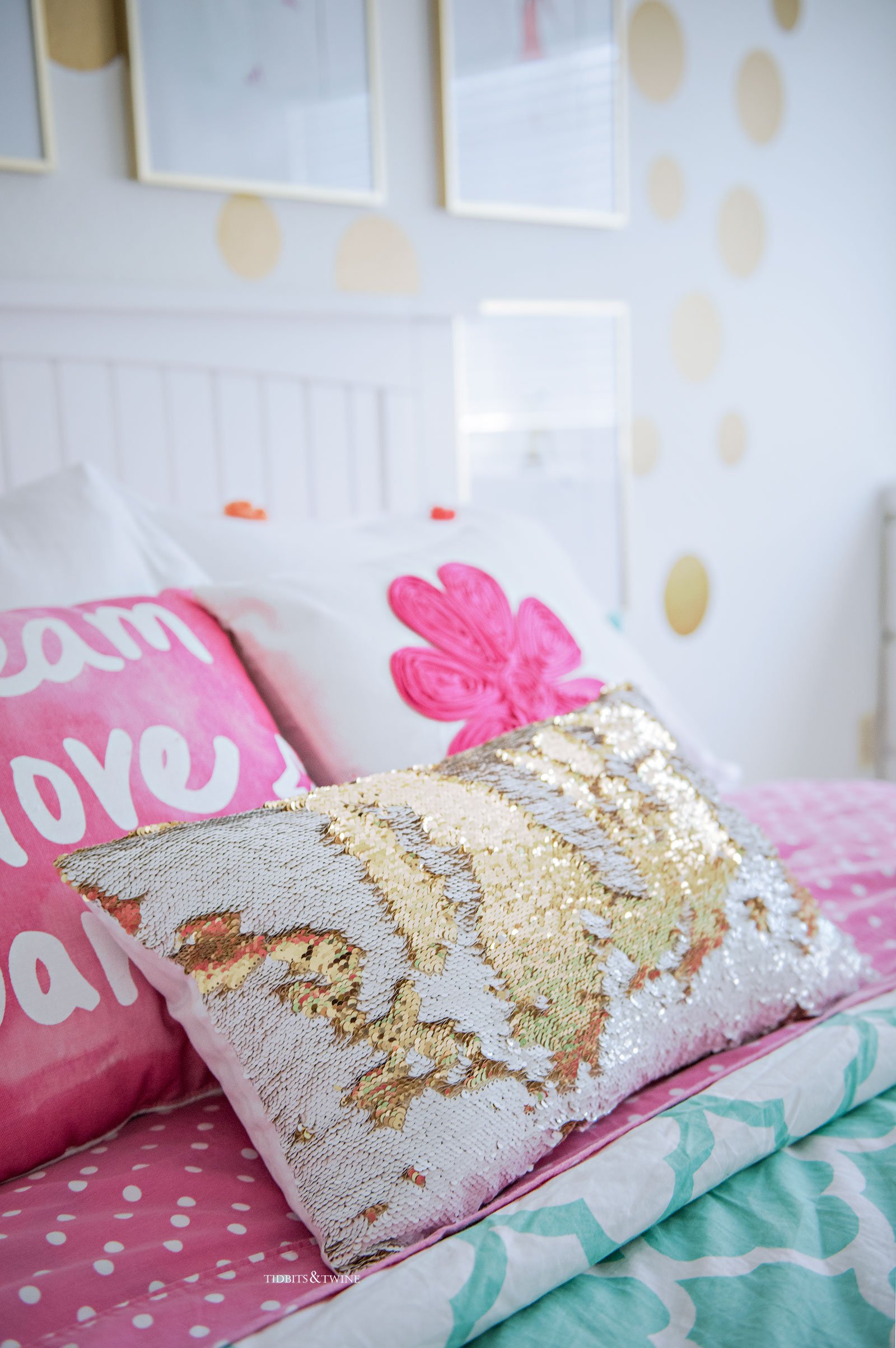 Pink and White Sequin Pillow in Tween Girl Bedroom