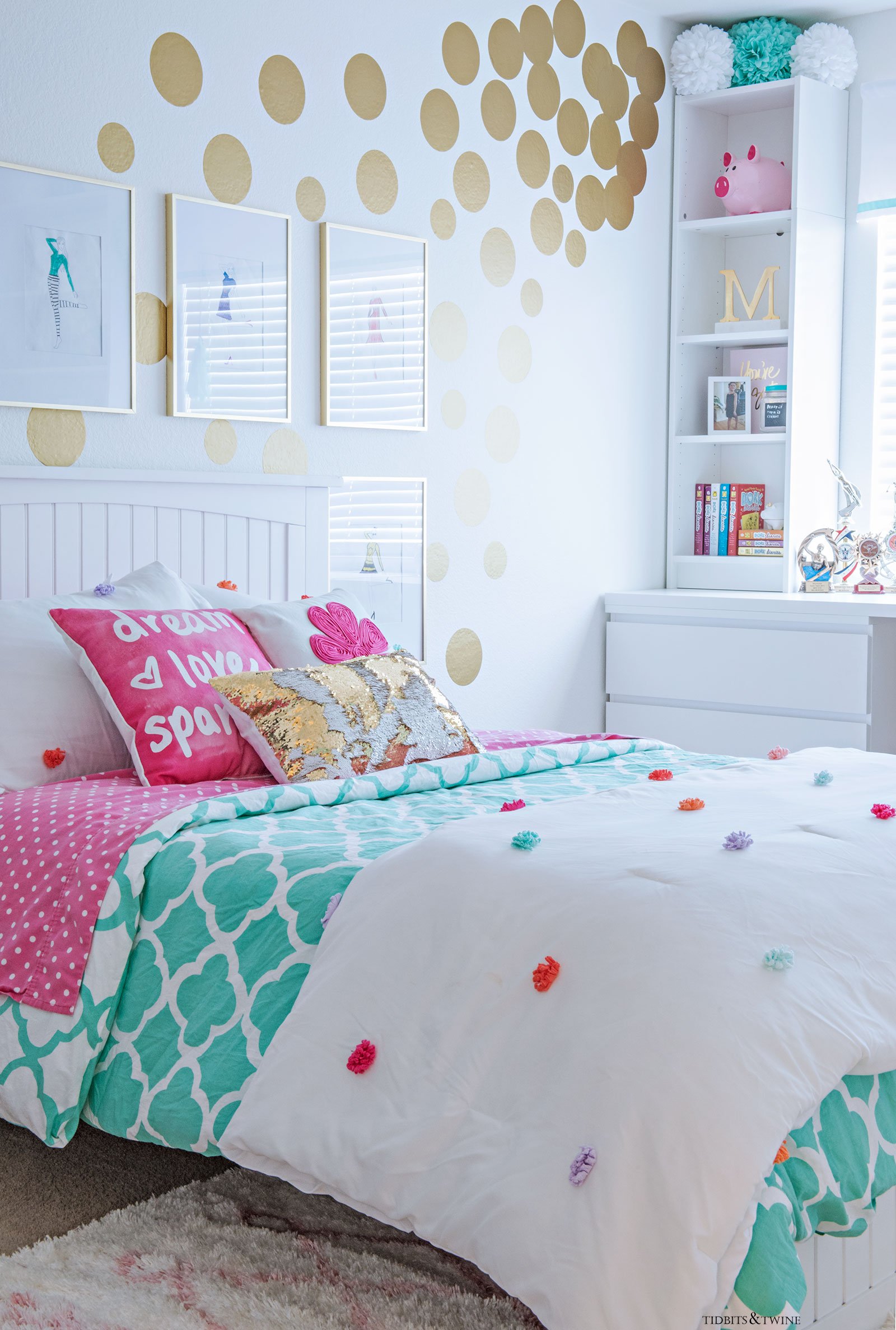 White and turquoise teen girl bedroom. Contemporary with IKEA furniture and gold dot vinyl decals