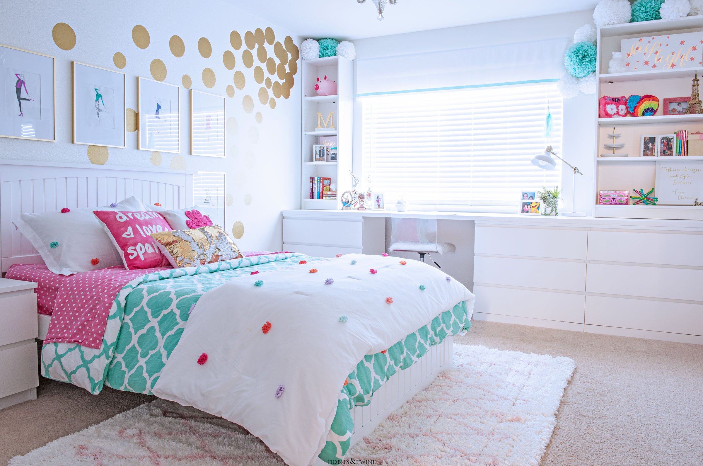 girls bedroom with IKEA hack built in desk and shelves white walls with gold polka dogs and turquoise and pink bedding