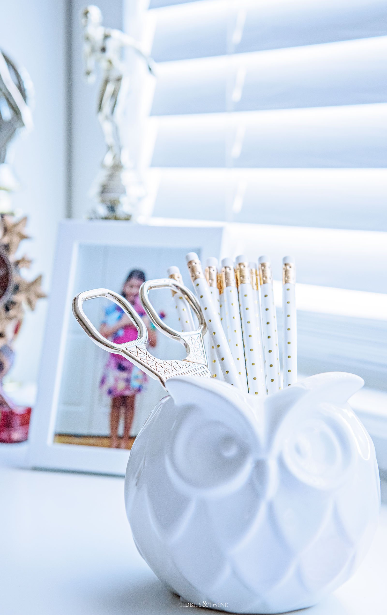 White Owl Vase as Pencil Cup in Teen Girl Bedroom