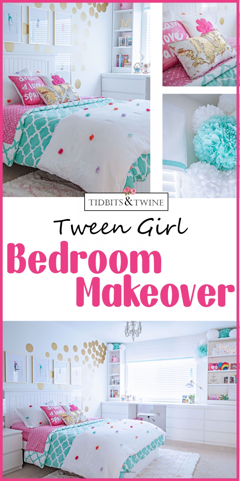 Teen Girl Bedroom Makeover Modern Style with Built-ins Around Window in Turquoise and White