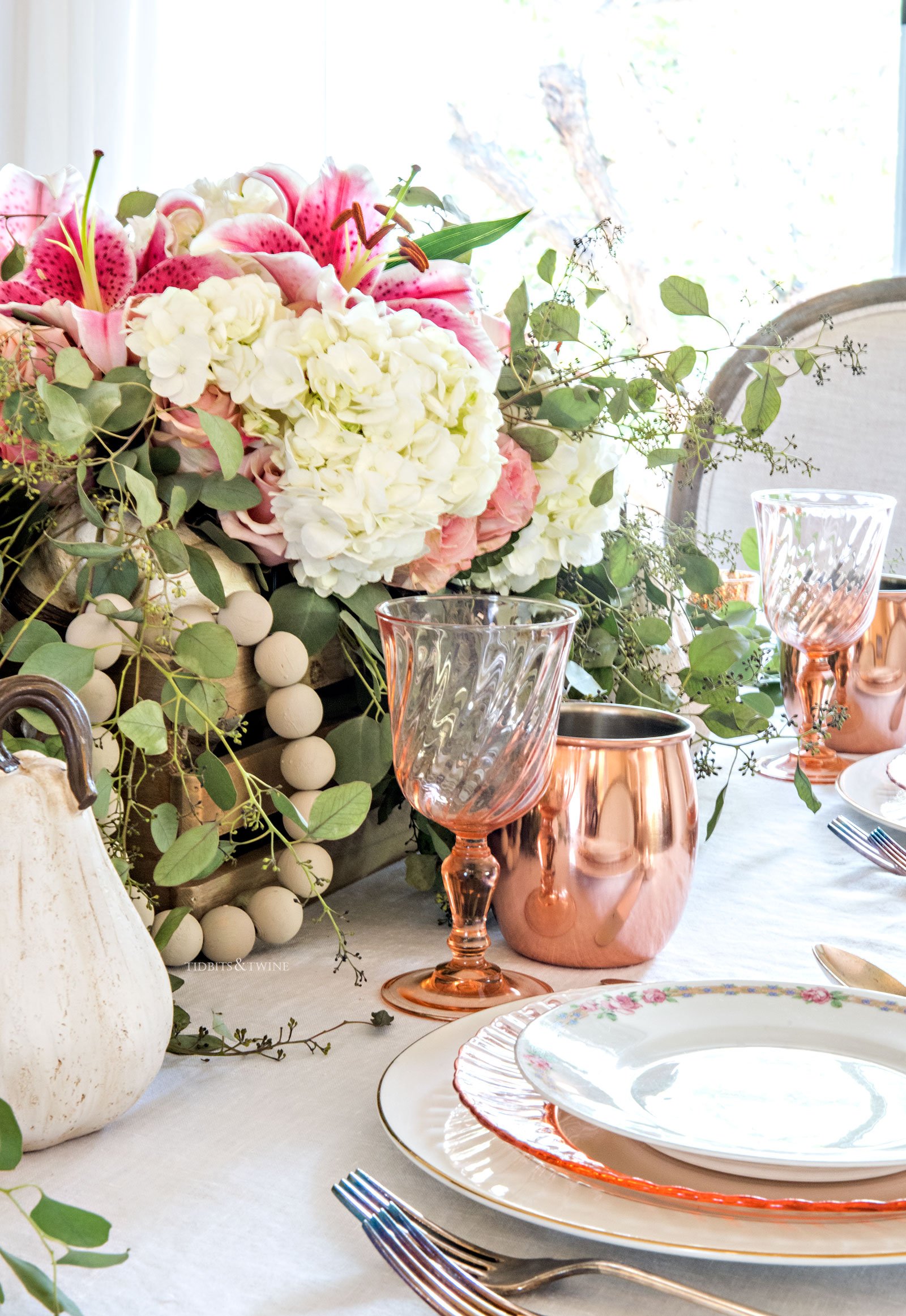 Fall dining room tablescape with copper accents