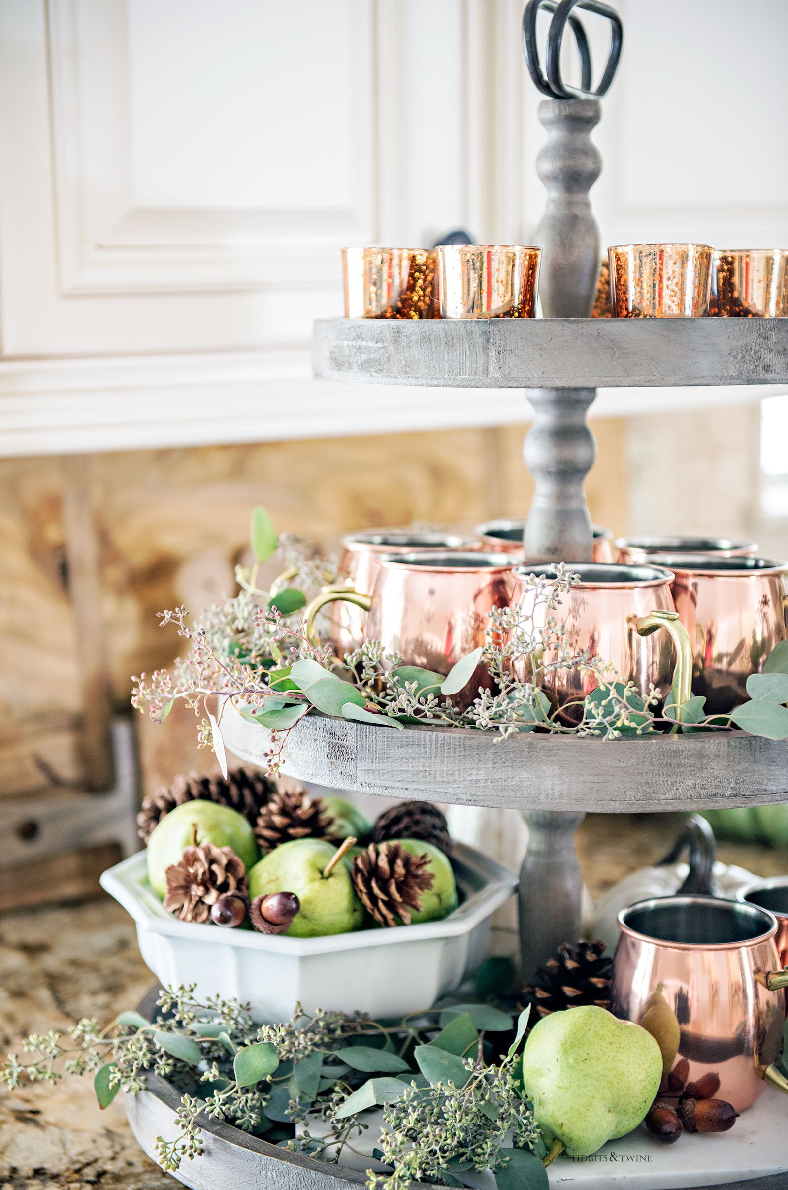 3 tier wooden tray decorated for Fall with copper and eucalyptus French farmhouse style