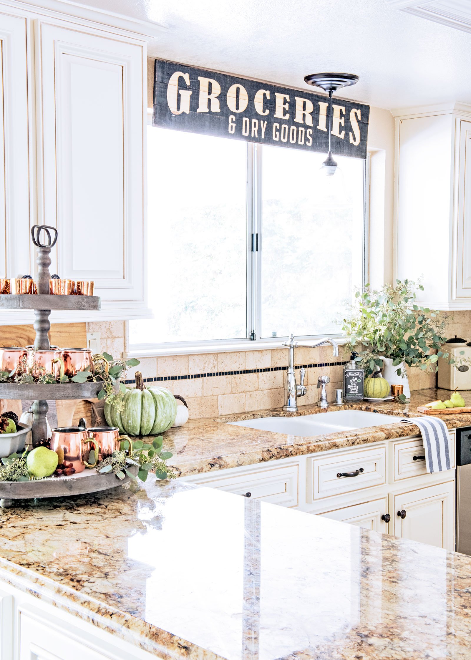 French farmhouse kitchen decorated for fall