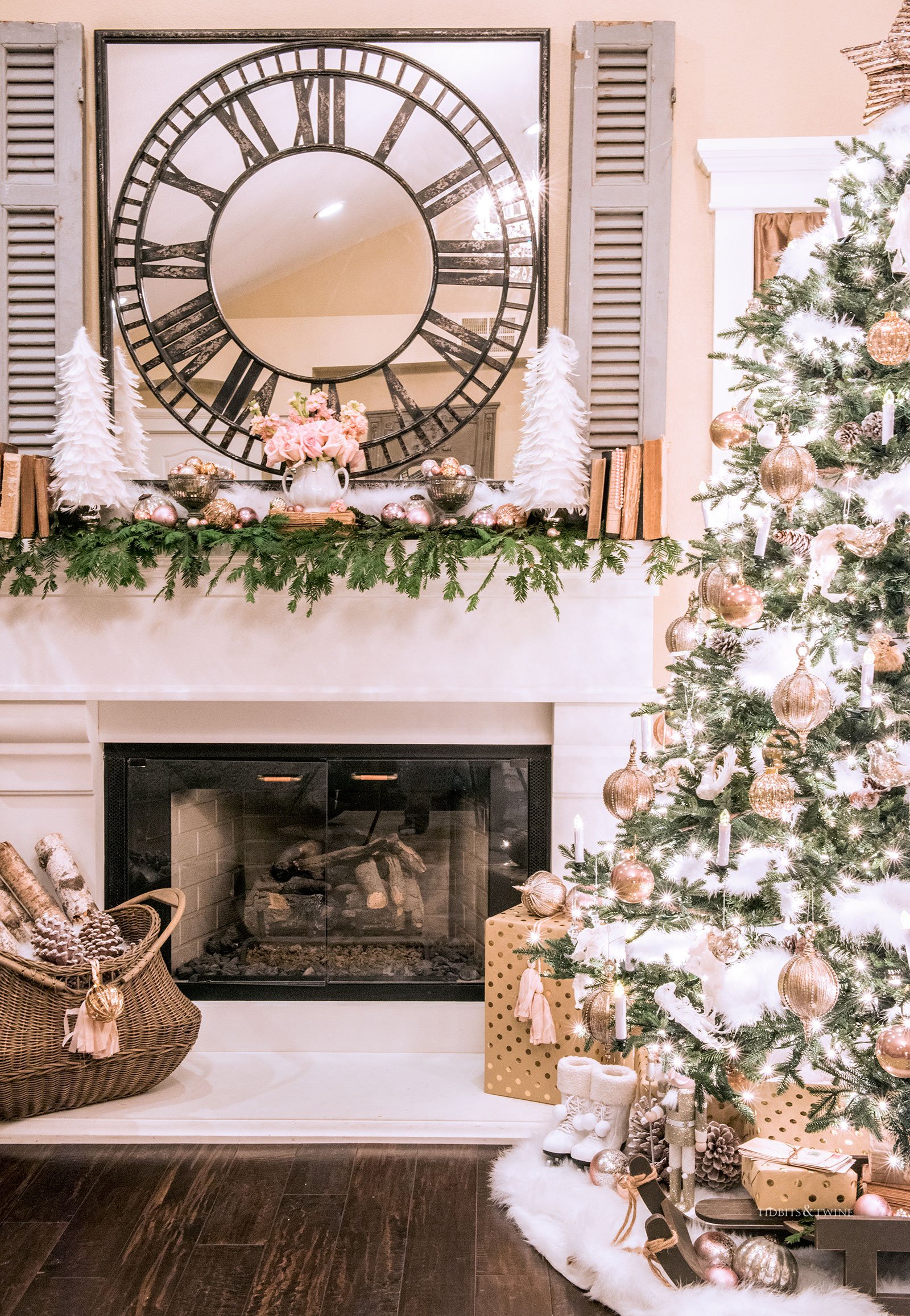 Christmas fireplace mantel with pink gold and white and antique blue shutters