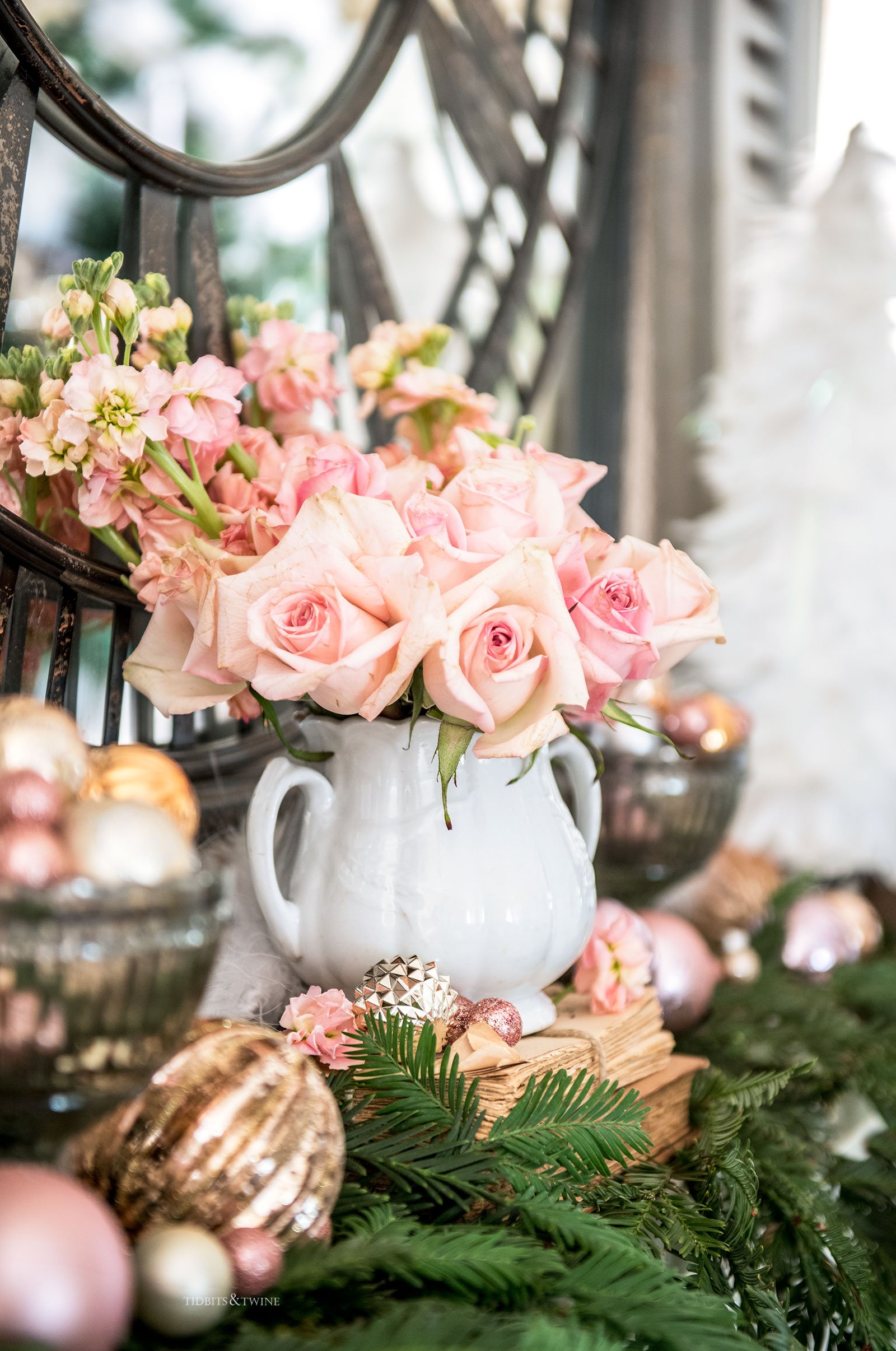 Pink Christmas mantel decor